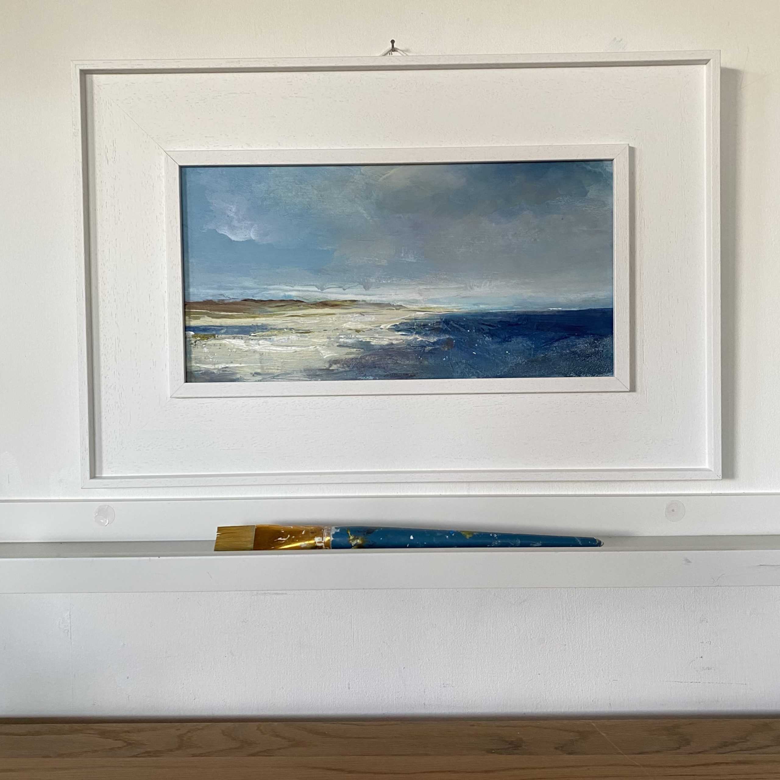 A small scale painting called 'High Tide at Scolt Head' artist Tracey Ross of Scolt Head Island on the north Norfolk coast. original painting with blue sky and a dark blue sea.