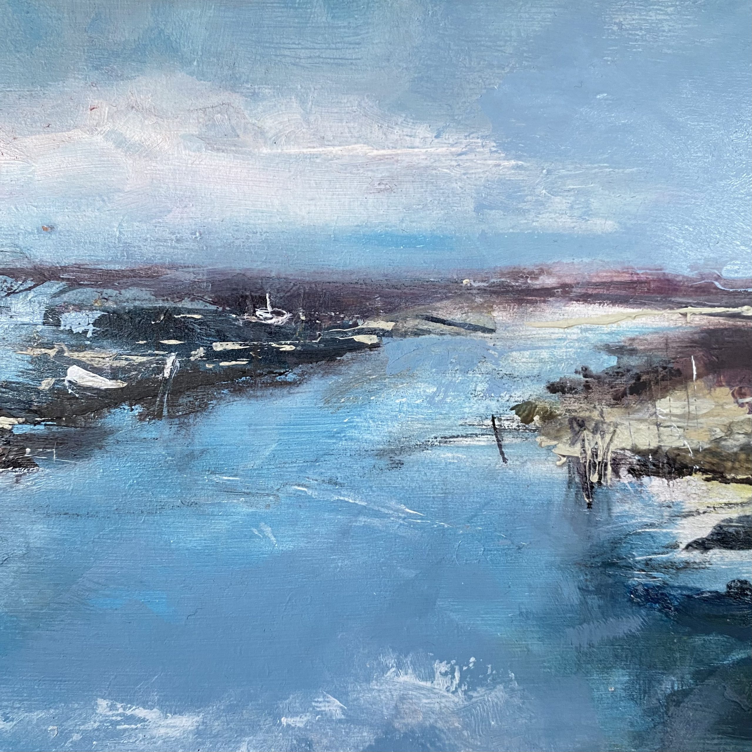 Detail section. Painting of boats in a creek Morston in North Norfolk by artist Tracey Ross