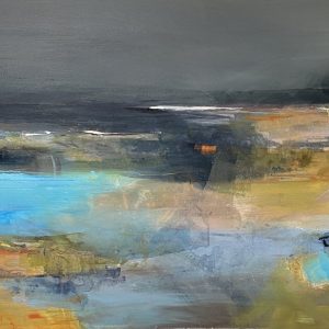 Landscape mixed media painting with a dark sky by Norfolk painter Tracey Ross.
