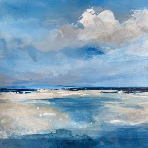 Seaside painting of blue sky, clouds and sea. A small painting of the beach, North Norfolk coast.