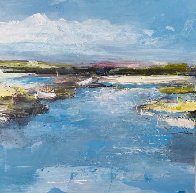 Tracey Ross mini paintings of North Norfolk - boats moored at Morston