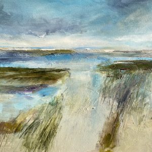Mixed media coastal painting using acrylics and Inktense blocks.